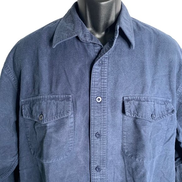 Vintage 90s Eddie Bauer Button Up Camp Shirt M Blue Denim Long Sleeve Pockets - Picture 2 of 6